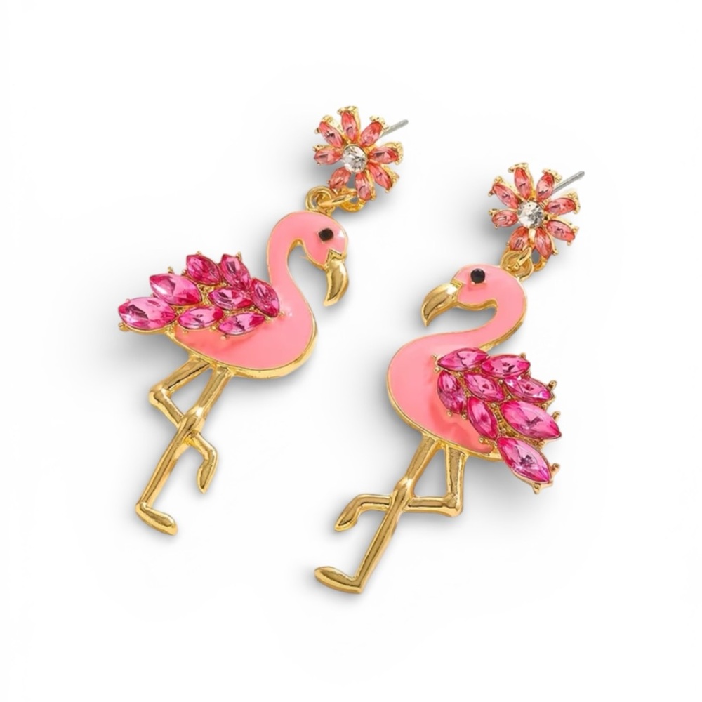 Pink Flamingo Rhinestone Earrings - Picture 2 of 2